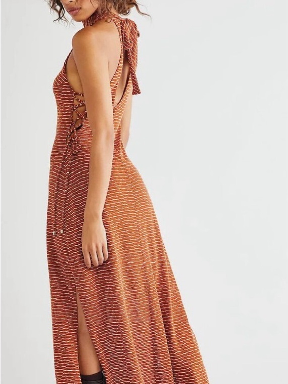[S]Free People Frankie Sleeveless Striped Halter Maxi Dress in Rust Brown - Picture 2 of 10
